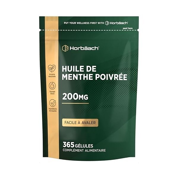 Huile de Menthe Poivrée Gélules 200mg | 365 Capsules | Facile À Avaler | Peppermint Oil Softgels | Horbaach