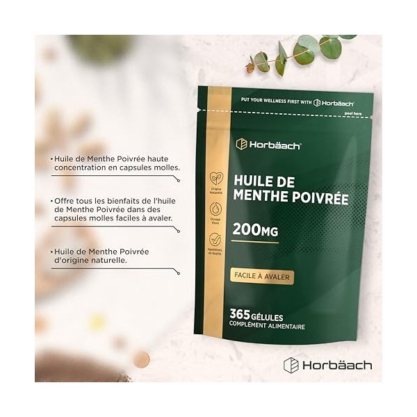 Huile de Menthe Poivrée Gélules 200mg | 365 Capsules | Facile À Avaler | Peppermint Oil Softgels | Horbaach