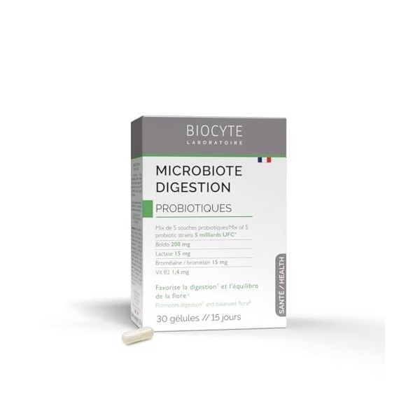 BIOCYTE Microbiote Digestion - Probiotiques Flore Intestinale - 5 Souches Probiotiques, Boldo, Vitamine B2, Lactase & Bromela...