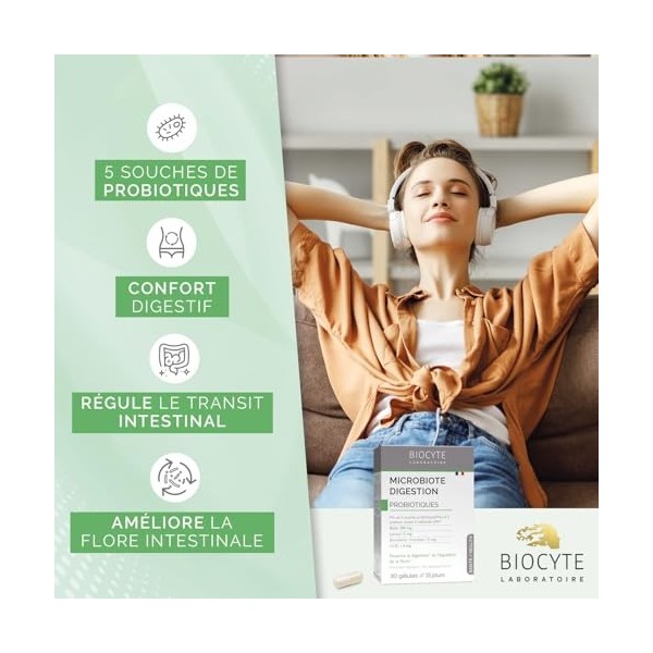 BIOCYTE Microbiote Digestion - Probiotiques Flore Intestinale - 5 Souches Probiotiques, Boldo, Vitamine B2, Lactase & Bromela...