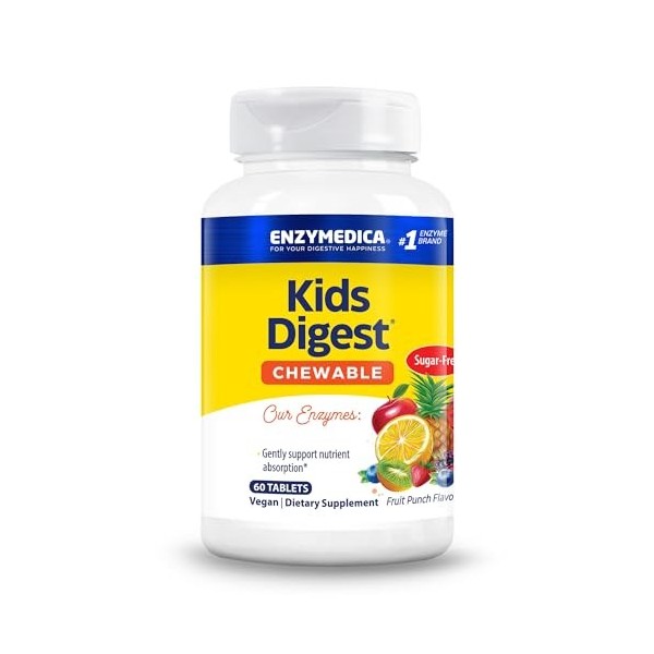 Enzymedica, Kids Digest Chewable, Enzymes Digestives, Goût Punch aux Fruits, 60 Comprimés végétaliens à mâcher, Hautement Dos