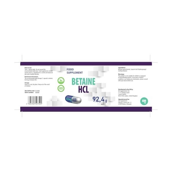 Betaine HCL 650mg 120 Gélules Végétales, Testé par un laboratoire indépendant