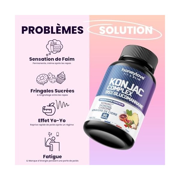 KONJAC 95% Glucomannane | Puissant et Efficace - Homme & Femme | Morosil, Berbérine & Chrome | 90 gélules anti-fringales | Ge