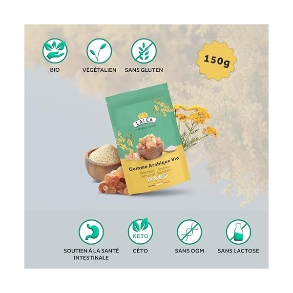 Gomme arabique bio en poudre, Poudre de fibre alimentaire de gomme dacacia bio 150g, Végétalien et Keto, Sans Gluten, 90% de