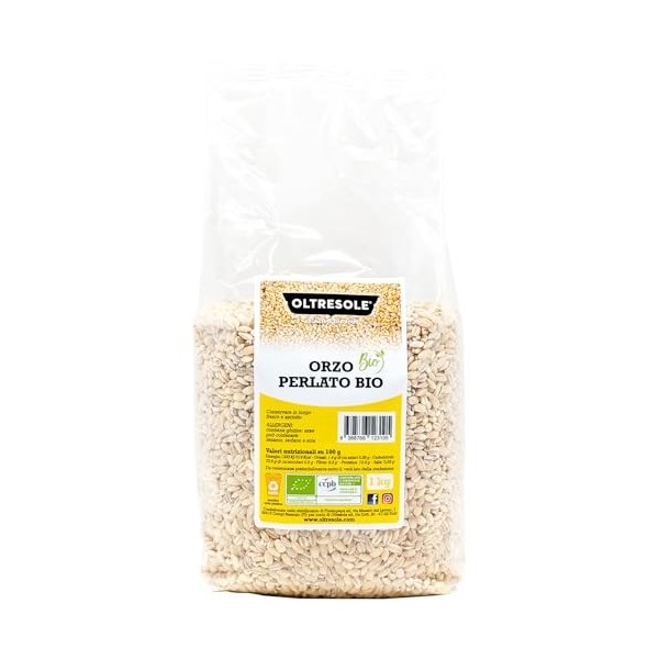 Oltresole, Orge perlé italien biologique 1 kg, Grain biologique riche en fibres, bon pour les soupes, les salades et les pota