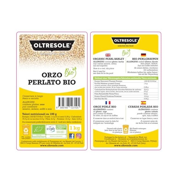 Oltresole, Orge perlé italien biologique 1 kg, Grain biologique riche en fibres, bon pour les soupes, les salades et les pota