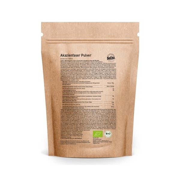 Fibre dacacia bio en poudre 400 g – Fibres solubles – 80 % de fibres alimentaires – Goût neutre – Végétalien – Emballé et ce