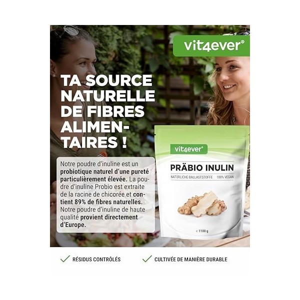 Poudre dinuline prébio - 1100 g 1,1 kg - Haute teneur en fibres - Prébiotique - Contrôlé par des résidus - Origine Europe 