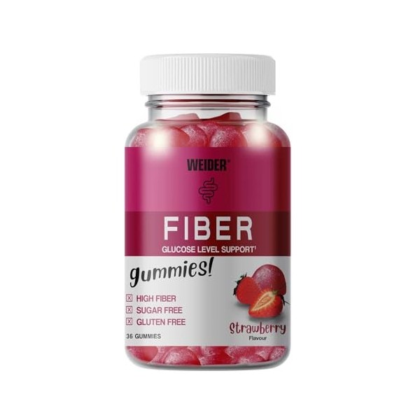 Weider Fiber Gummies 36 Gommes Goût Fraise. Gommes avec 6g de Fibre Soluble Fibersol/portion, Aide à la Digestion et au Con F...