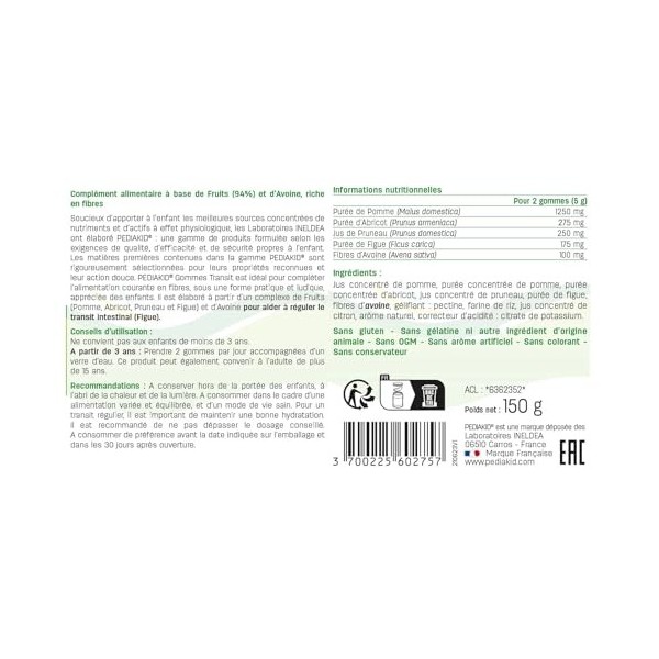 PEDIAKID - Gommes Transit - Complément alimentaire à base de fruits et dAvoine - Riche en fibres - Aide à réguler le transit ...