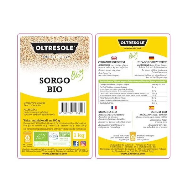 Oltresole, Sorgho Blanc Décortique Italien Biologique 1 Kg, Grain brut, Produit en Italie par lAgriculture Biologique, Paque