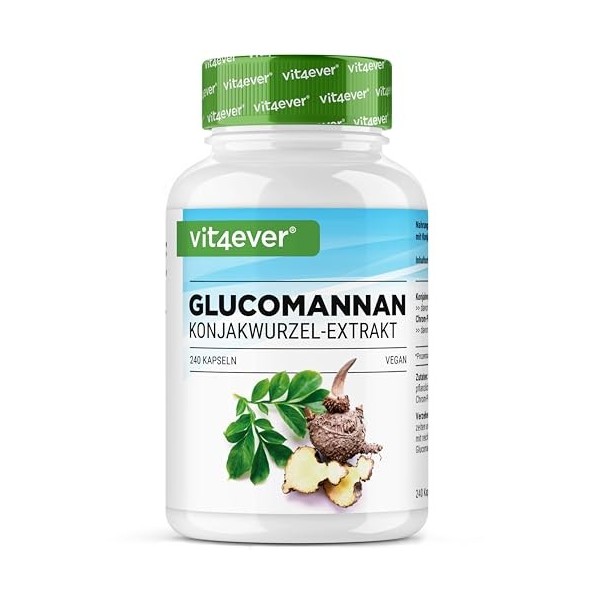 Glucomannane de la racine de konjac - 240 gélules - fortement dosé avec 4200 mg par portion journalière - optimisé avec du ch