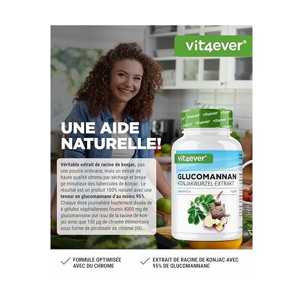 Glucomannane de la racine de konjac - 240 gélules - fortement dosé avec 4200 mg par portion journalière - optimisé avec du ch