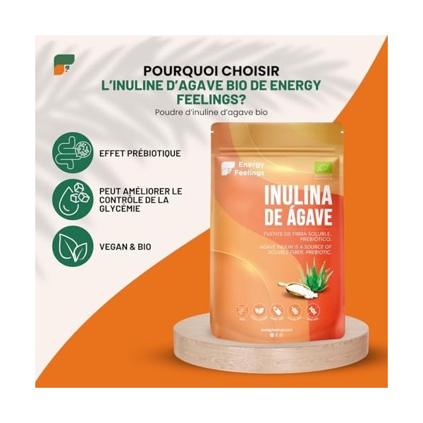 Energy Feelings Inuline Bio dAgave 500g, Prébiotique Naturel, Inuline en Poudre Sans Gluten et Sans Lactose, Fibre Alimentai