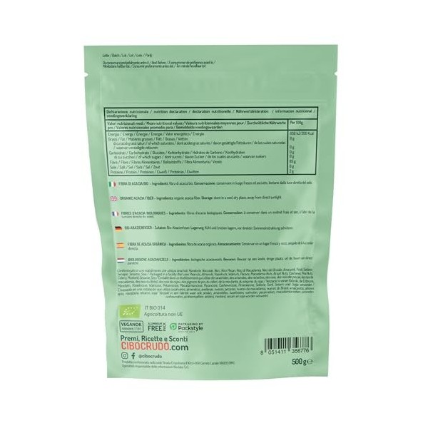 CiboCrudo Gomme Arabique Bio - 500g. Fibre Alimentaire dAcacia Riche en Fibres 85% et Sans Sucres. Fibre Soluble Végétalie