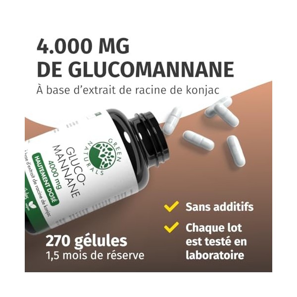 Green Naturals® Glucomannane – Hautement dosé 4 000 mg par dose journalière – Extrait de racine de konjac Amorphophallus kon