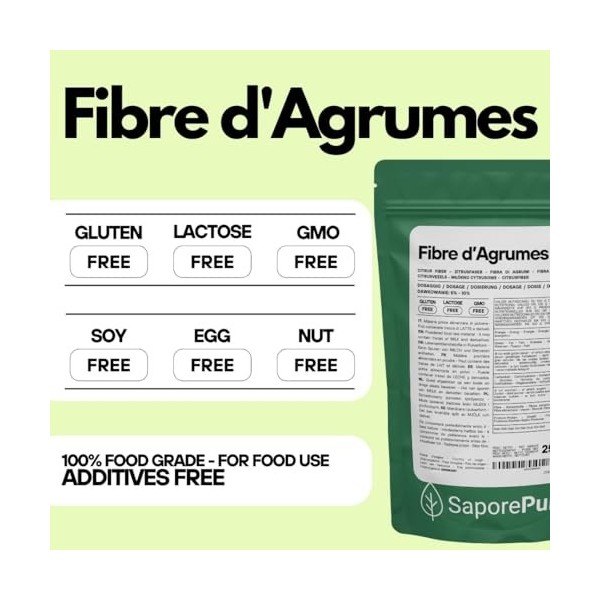 SaporePuro Fibre dagrumes 250 g - Fibre alimentaire - Épaississant, émulsifiant et stabilisant naturel - Idéal pour les glac
