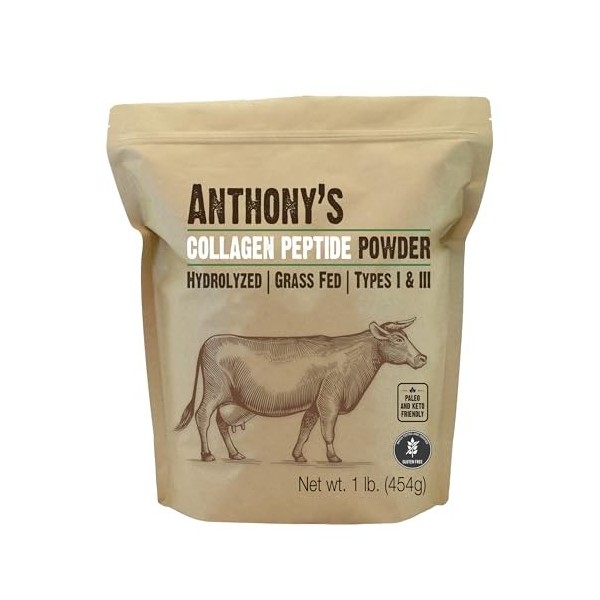 Anthonys Poudre de peptide de collagène, 1 lb, pure hydrolysée, sans gluten, compatible céto et paléo