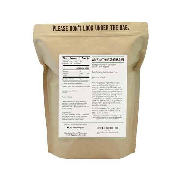 Anthonys Poudre de peptide de collagène, 1 lb, pure hydrolysée, sans gluten, compatible céto et paléo