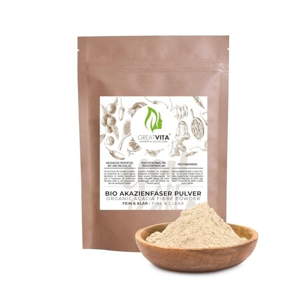 GreatVita Poudre de fibre dacacia bio 400 g – Caoutchouc arabique E414 Type 4918 | 90 % de fibres, soluble et neutre au goût ...