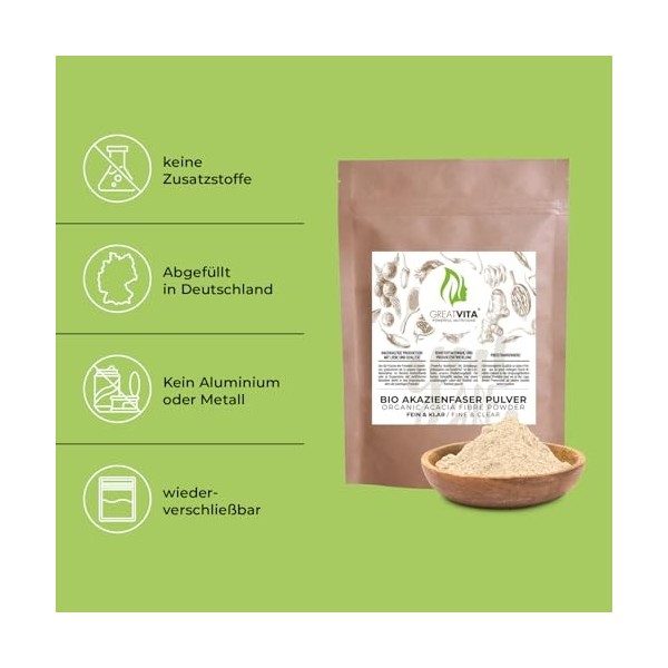 GreatVita Poudre de fibre dacacia bio 400 g – Caoutchouc arabique E414 Type 4918 | 90 % de fibres, soluble et neutre au goût ...