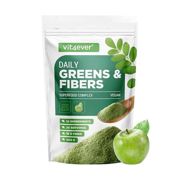 Daily Greens & Fiber Powder - Combinaison de fibres & superfoods - psyllium, spiruline, moringa, herbe dorge, inuline, fibre