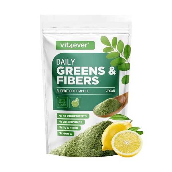 Daily Greens & Fiber Powder - Combinaison de fibres & superfoods - psyllium, spiruline, moringa, herbe dorge, inuline, fibre