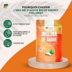 Energy Feelings Inuline Bio dAgave 1kg, Prébiotique Naturel, Inuline en Poudre Sans Gluten et Sans Lactose, Fibre Alimentair