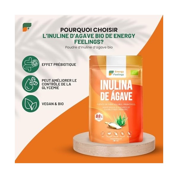 Energy Feelings Inuline Bio dAgave 1kg, Prébiotique Naturel, Inuline en Poudre Sans Gluten et Sans Lactose, Fibre Alimentair