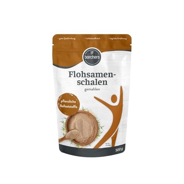 BORCHERS Coquilles de psyllium moulues 500 g, avec inuline, effet gonflant, riche en fibres, végétalien, populaire en pâtisse