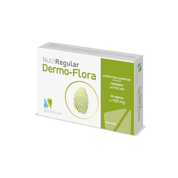 NutriRegular Dermo-Flora 30 Capsules - Support pour peau sensible avec Probiotiques ciblés - Utile en cas dacné, de peau ato