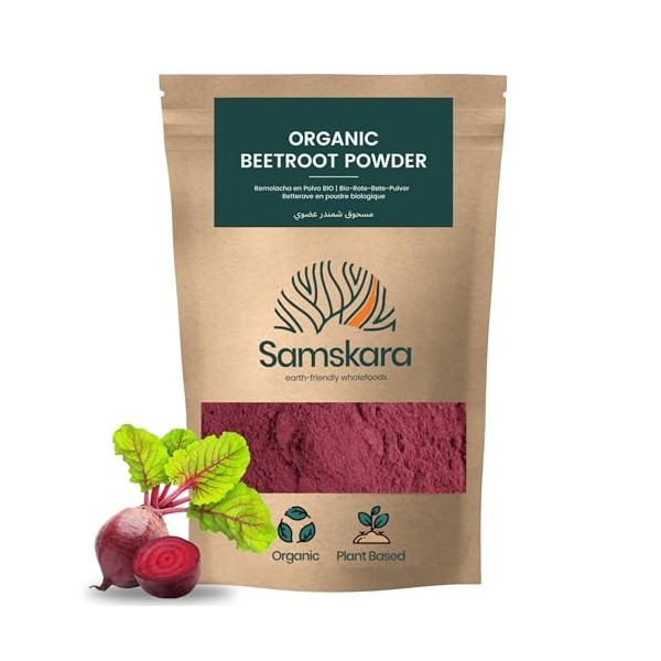 Poudre de Betterave Bio Samskara Superfoods 250 g – Écologique, Colorant Alimentaire Rouge Naturel pour Smoothies, Pâtisserie