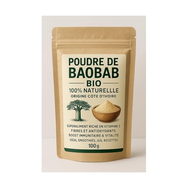 Poudre de Baobab Bio 100% Naturelle - Origine Côte dIvoire - Superaliment Riche en Vitamine C, Fibres et Antioxydants - Boos