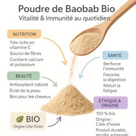 Poudre de Baobab Bio 100% Naturelle - Origine Côte dIvoire - Superaliment Riche en Vitamine C, Fibres et Antioxydants - Boos