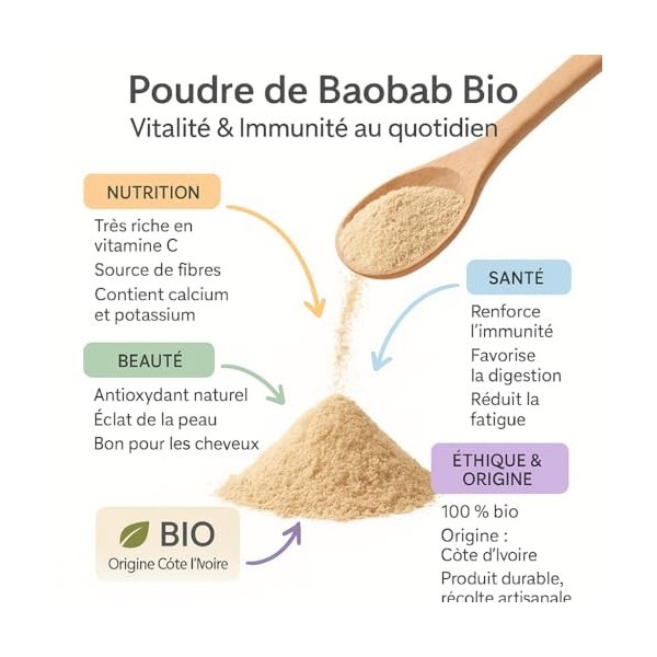 Poudre de Baobab Bio 100% Naturelle - Origine Côte dIvoire - Superaliment Riche en Vitamine C, Fibres et Antioxydants - Boos
