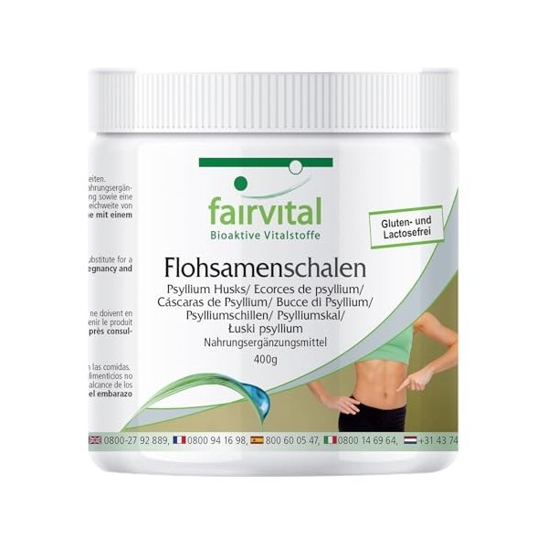 Fairvital | Poudre de téguments de psyllium - 400g - Faible en glucides - Riche en fibres - Téguments de psyllium - Qualité c