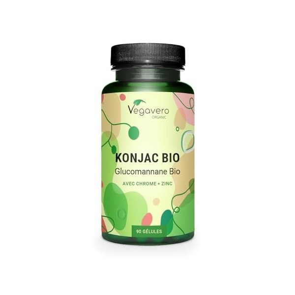 Konjac BIO 4210 mg | Avec 95% Glucomannane + Zinc et Chrome | Dosage Elevé | 90 Gélules | Vegan & Sans Additifs | Vegavero®