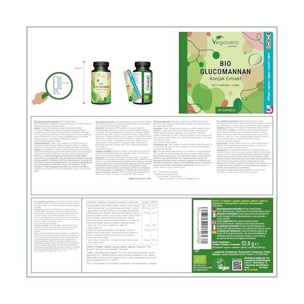 Konjac BIO 4210 mg | Avec 95% Glucomannane + Zinc et Chrome | Dosage Elevé | 90 Gélules | Vegan & Sans Additifs | Vegavero®