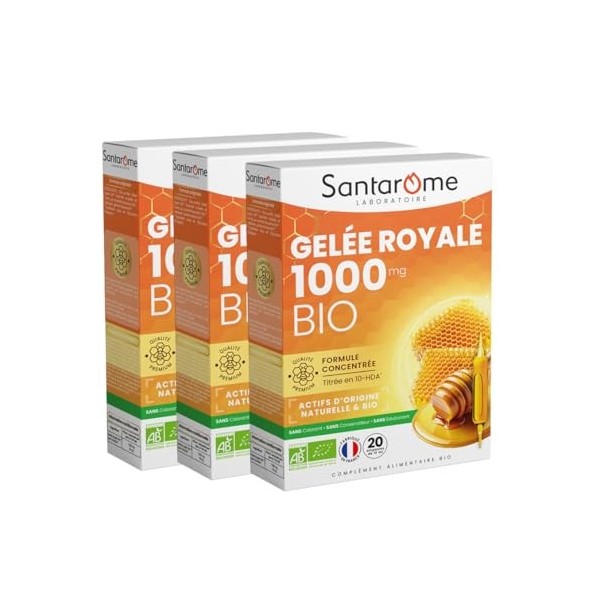 Santarome - Ruche Royale - Gelée Royale 1000mg Bio - Complément alimentaire immunité - Formule titrée en 10-HDA - Lot de 3 x 