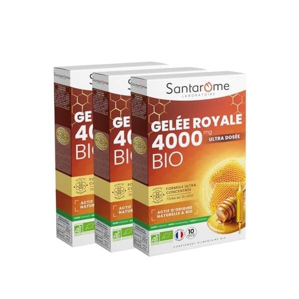 Santarome - Gelée Royale 4000mg Bio - Complément alimentaire immunité - Fortement dosé en Gelée Royale Bio 4000mg - Lot de 3 
