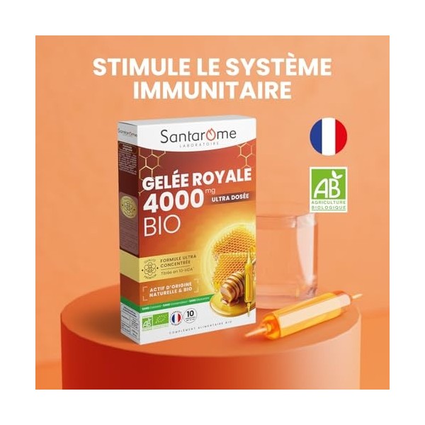 Santarome - Gelée Royale 4000mg Bio - Complément alimentaire immunité - Fortement dosé en Gelée Royale Bio 4000mg - Lot de 3 