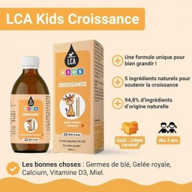 LCA KIDS CROISSANCE | Vitamine D3, Calcium, Gelée Royale, Miel | Enfants dès 3 ans | Goût Caramel | Ingrédients dorigine nat