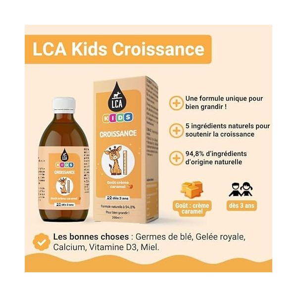 LCA KIDS CROISSANCE | Vitamine D3, Calcium, Gelée Royale, Miel | Enfants dès 3 ans | Goût Caramel | Ingrédients dorigine nat