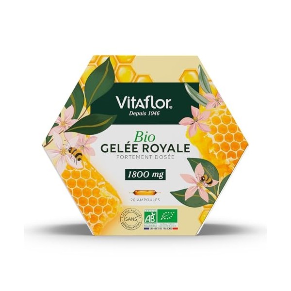 Gelée Royale Bio 1800 mg | Boite de 20 Ampoules | Haute Teneur en Acides Aminés, Minéraux et Vitamines | Programme de 20 jour