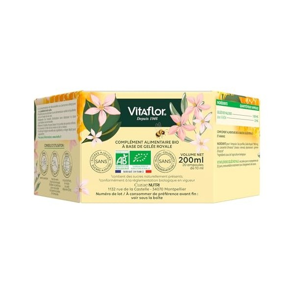 Gelée Royale Bio 1800 mg | Boite de 20 Ampoules | Haute Teneur en Acides Aminés, Minéraux et Vitamines | Programme de 20 jour