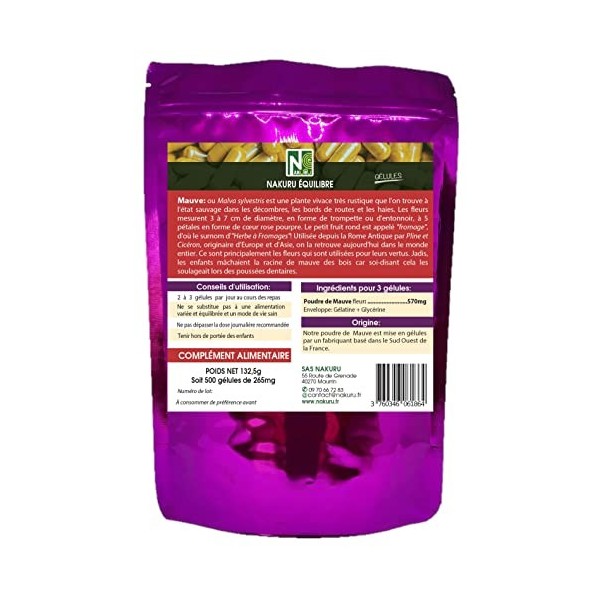 NAKURU | Mauve | Gamme Équilibre | Fabriqué en France | "LHerbe à Fromages !" 500 Gélules de 265mg / Poids Net: 132,5g 