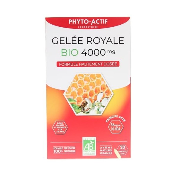 Phyto-Actif | Gélules Gelée Royale Bio 4000mg | Trésor de la ruche | riche en 10-HDA | Bio & Vegan | 20 Ampoules | Fabriqué e
