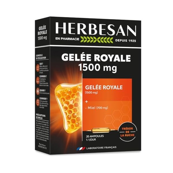 HERBESAN®- GELÉE ROYALE 1500MG BIO - Gelée royale, Miel, Pollen - Défenses immunitaires - Fabrication française - 20 ampoules