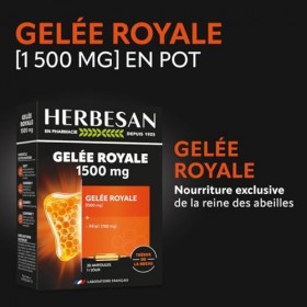 HERBESAN®- GELÉE ROYALE 1500MG BIO - Gelée royale, Miel, Pollen - Défenses immunitaires - Fabrication française - 20 ampoules