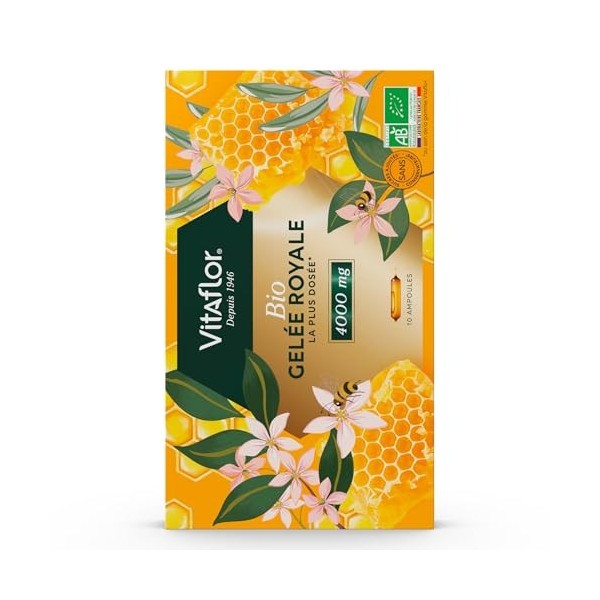 GELÉE ROYALE Bio 4000 mg | Boite de 10 Ampoules | La Plus Dosée en Pharmacie | Programme de 10 jours | VITAFLOR Gelée royale